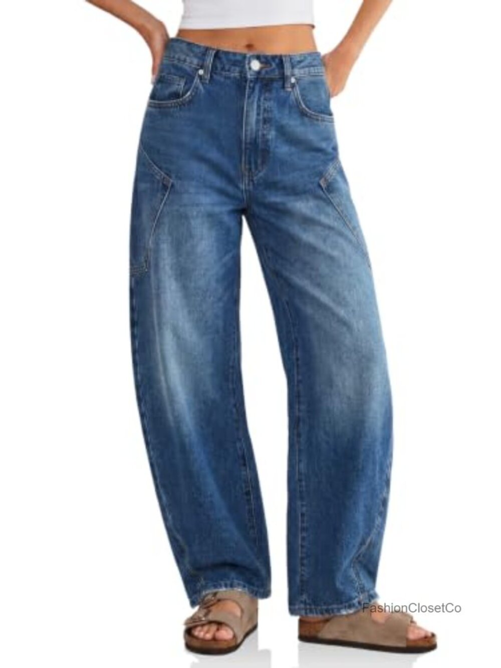 High Waisted Barrel Wide Leg Denim Jeans Raw Hem Baggy